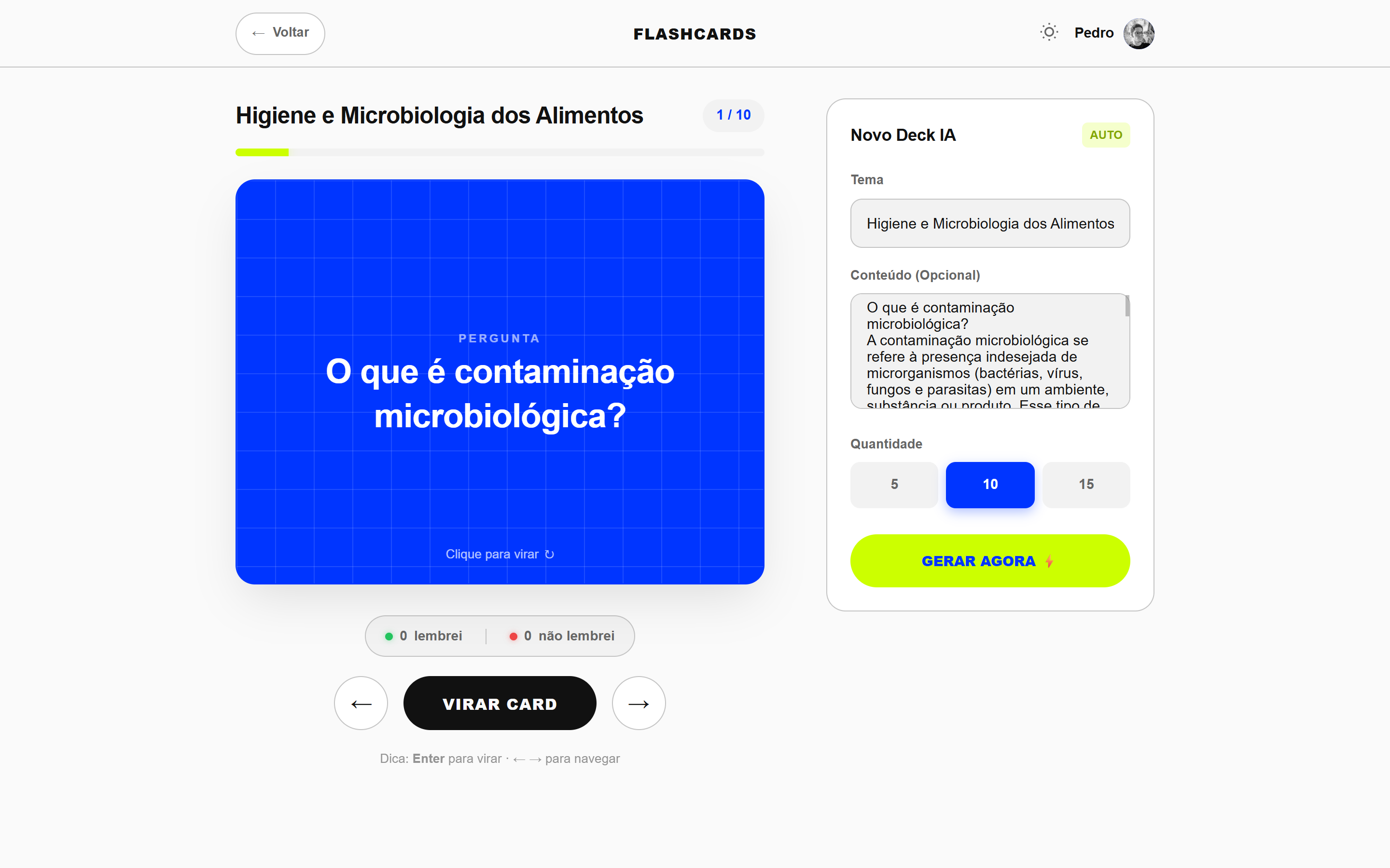 Tela de flashcards gerados pela IA no BITTO
