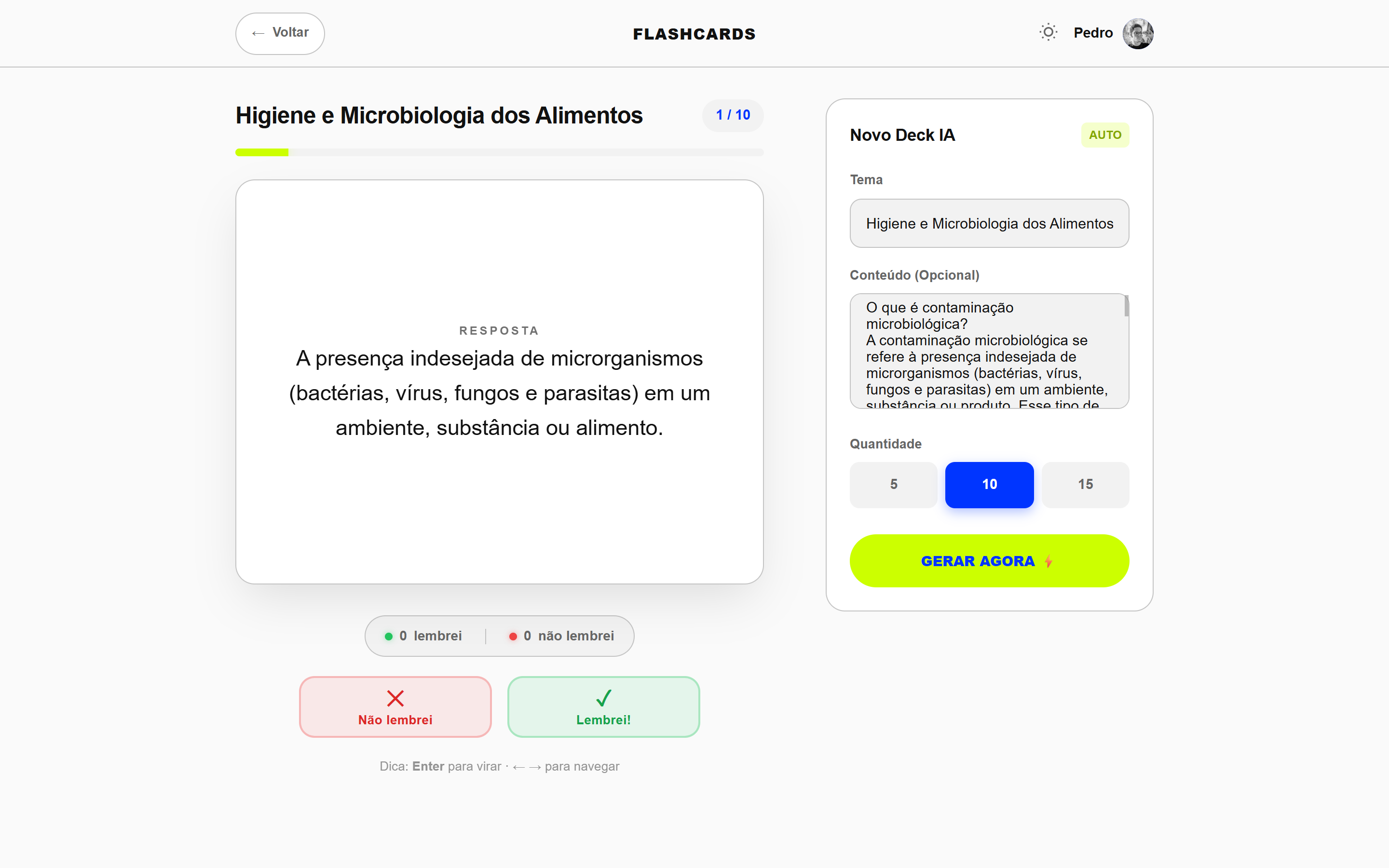 Lista de flashcards gerados pelo BITTO com IA