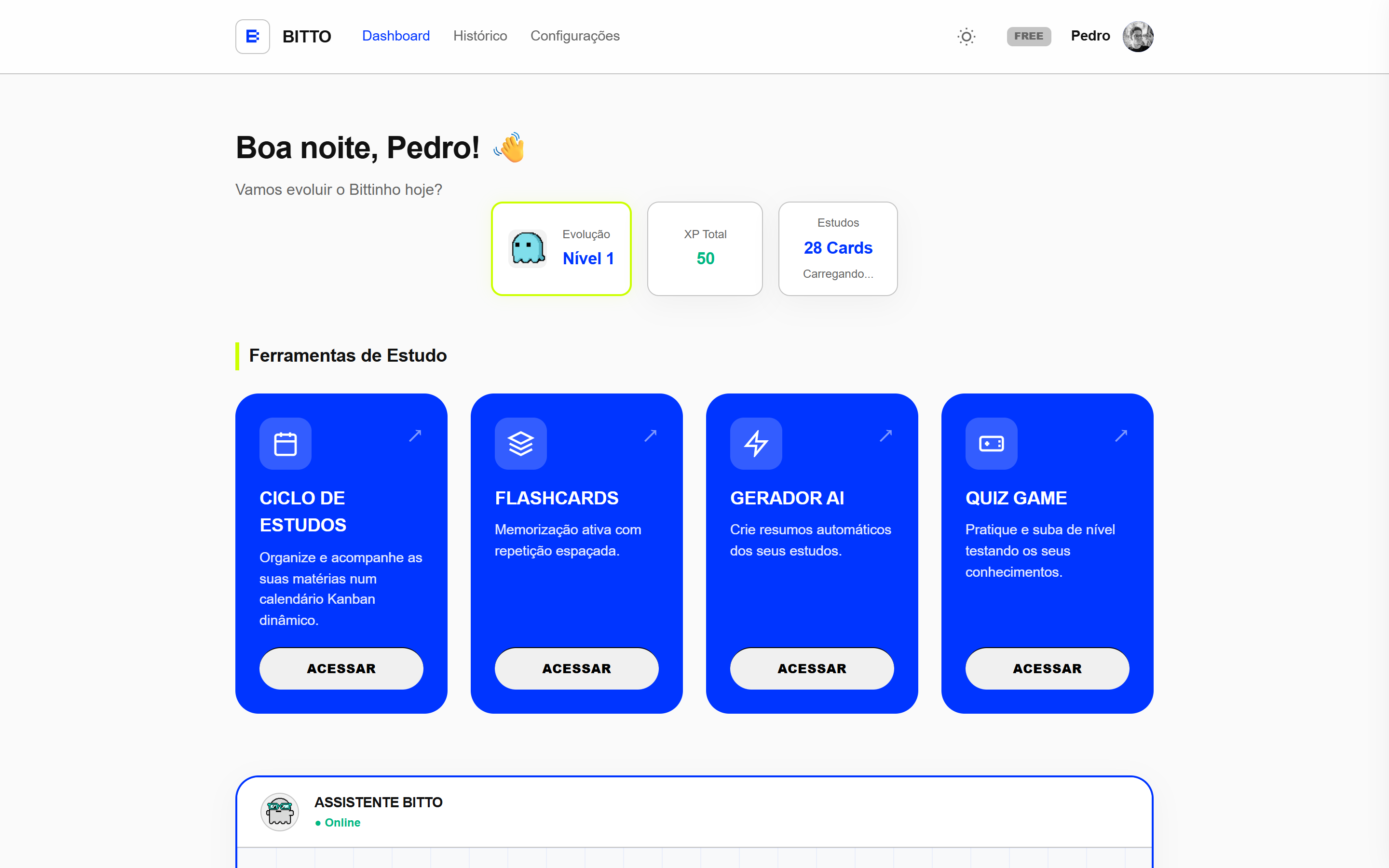 Tela inicial da plataforma BITTO – painel de estudo com IA