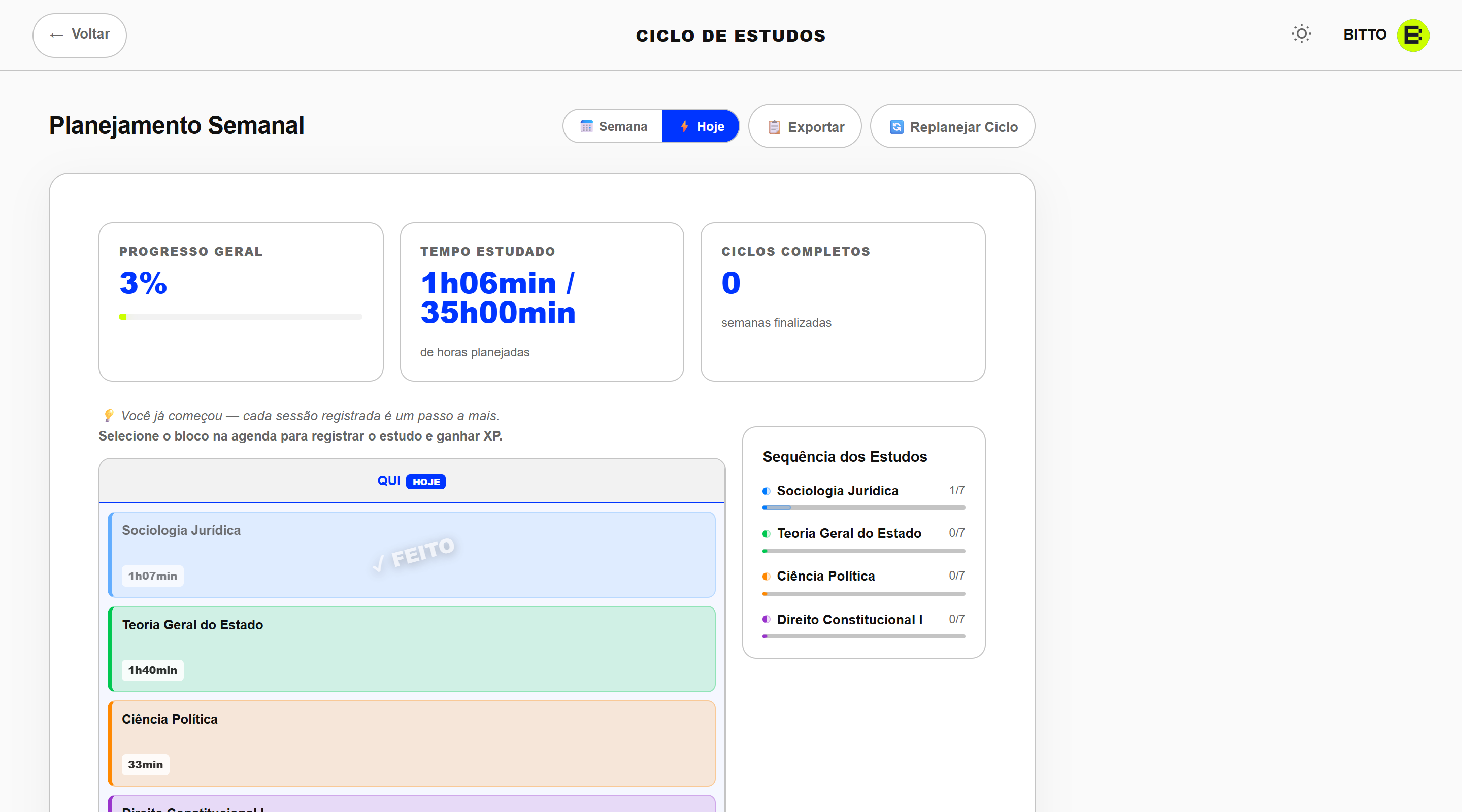 Visão semanal do planner de estudos BITTO