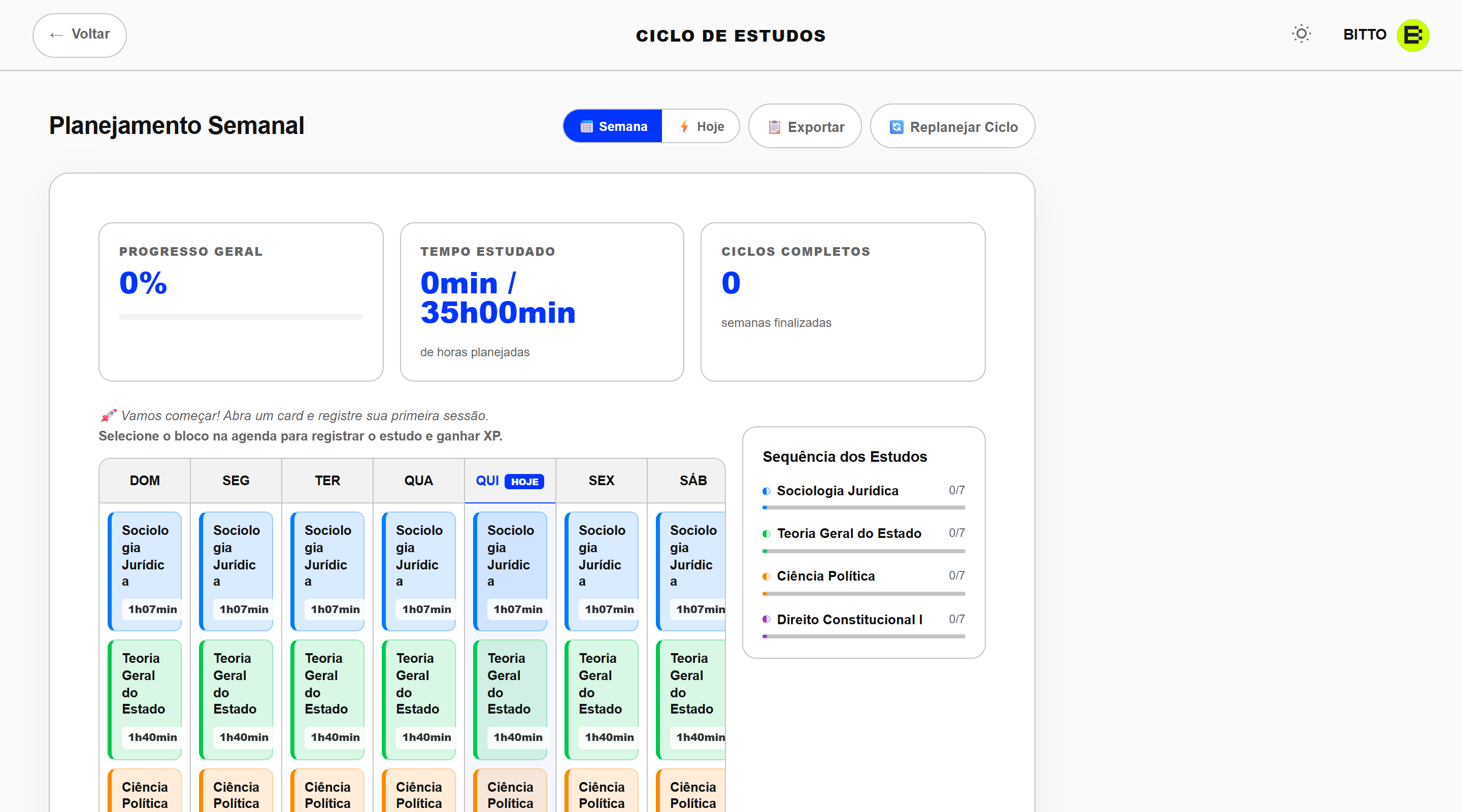 Cronograma de estudos gerado pelo BITTO