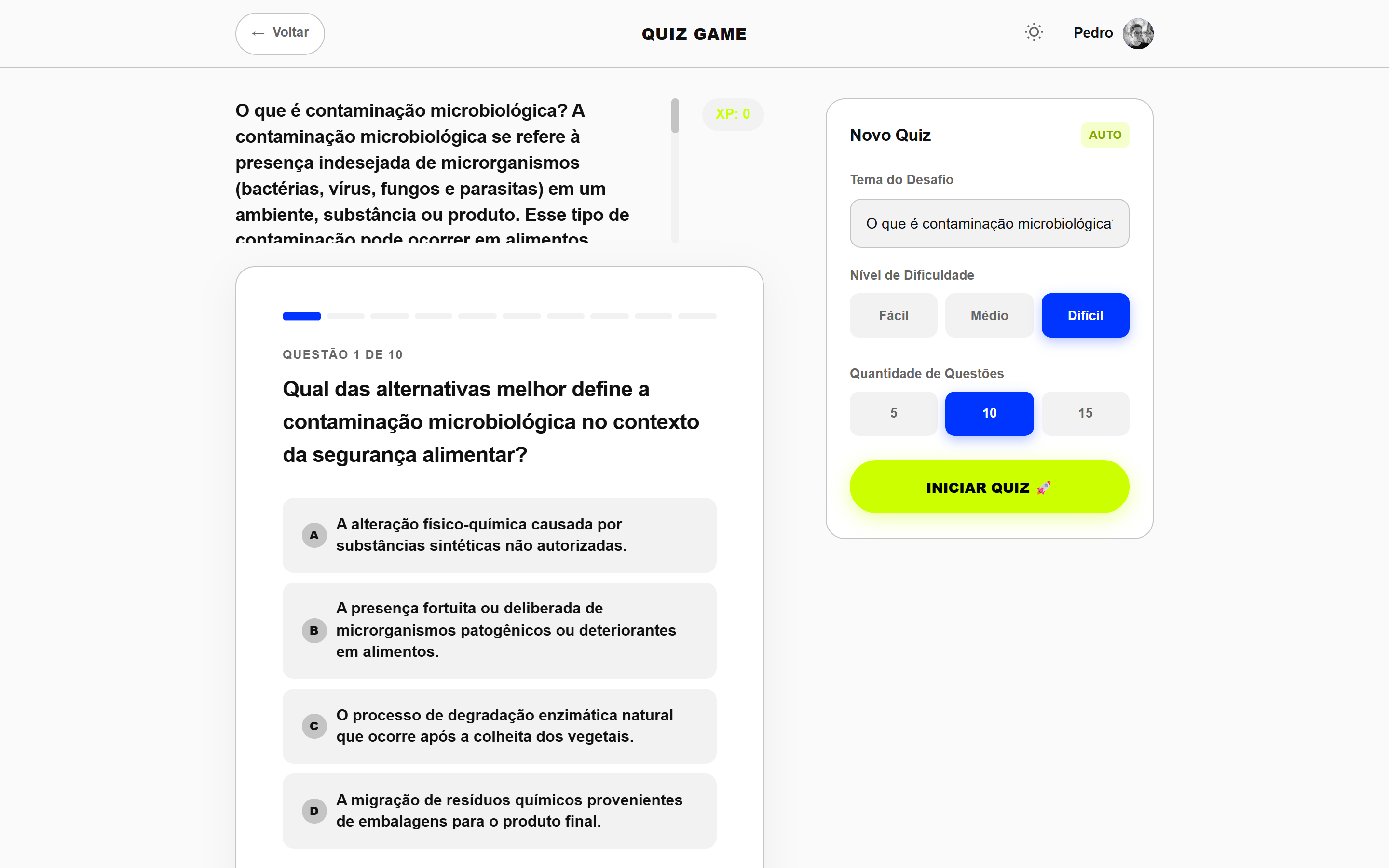 Quiz interativo gerado por IA no BITTO