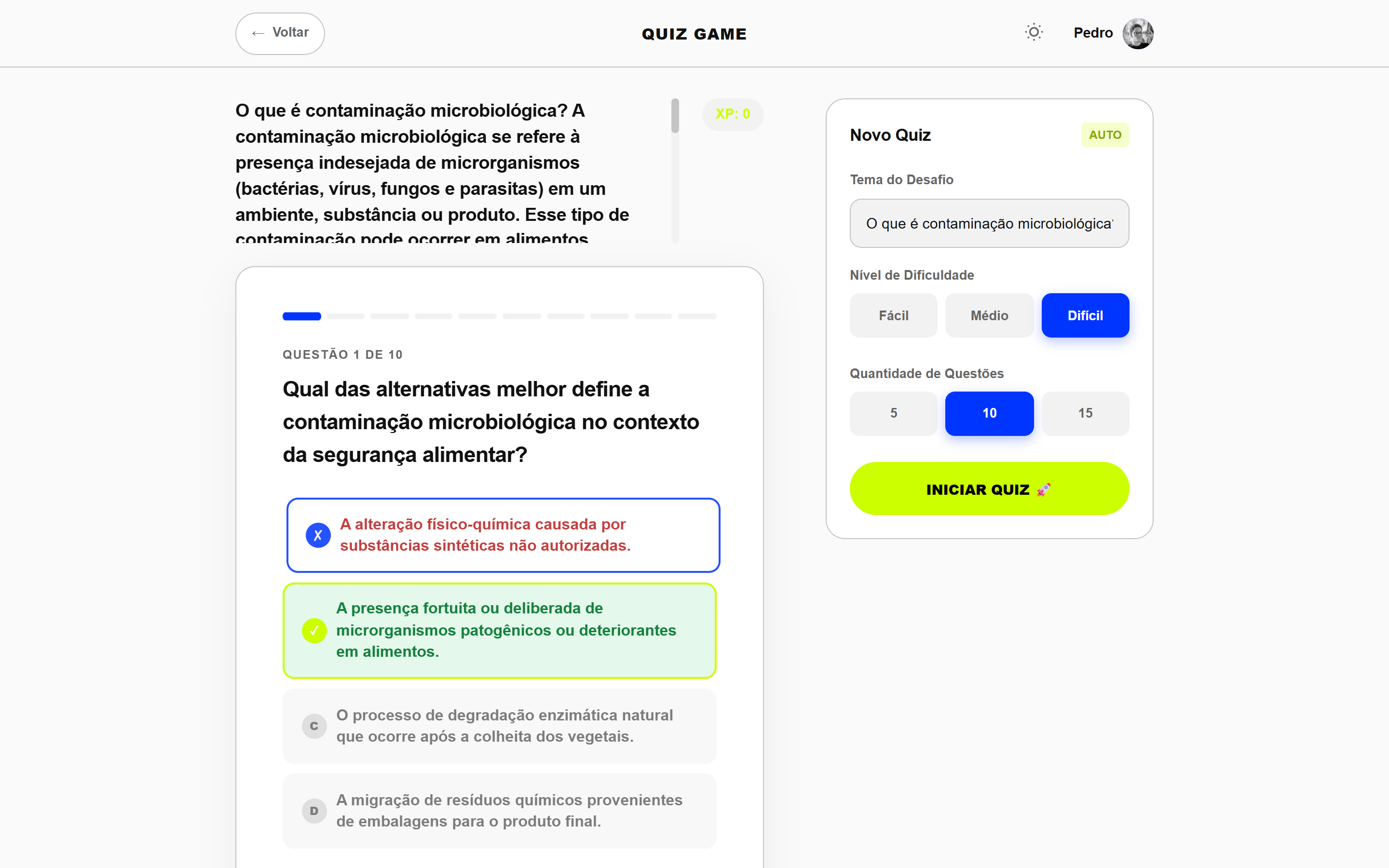 Questão de múltipla escolha no quiz do BITTO